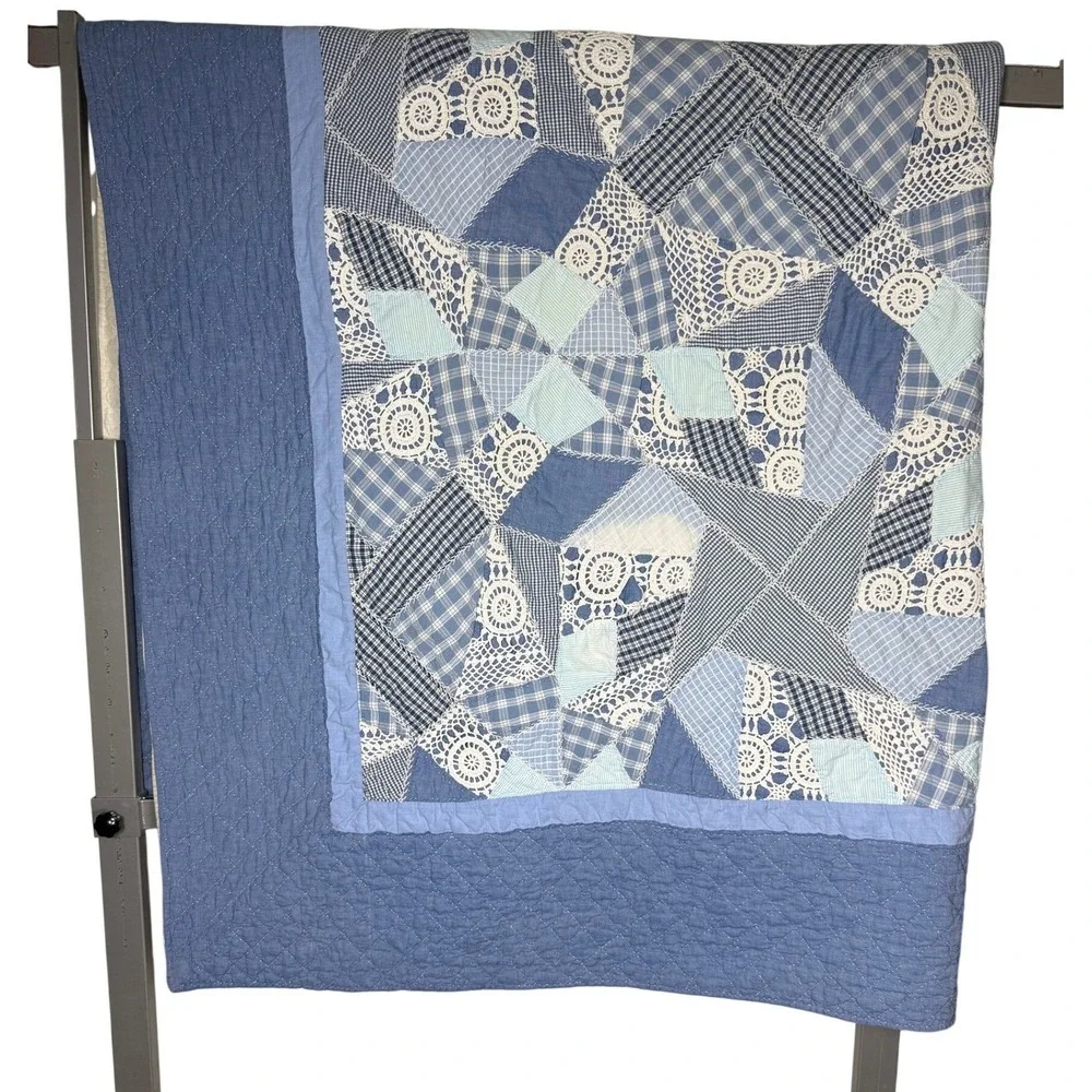 Vtg Handmade Blue Patchwork Crazy Quilt Crochet Lace Gingham Cottagecore READ